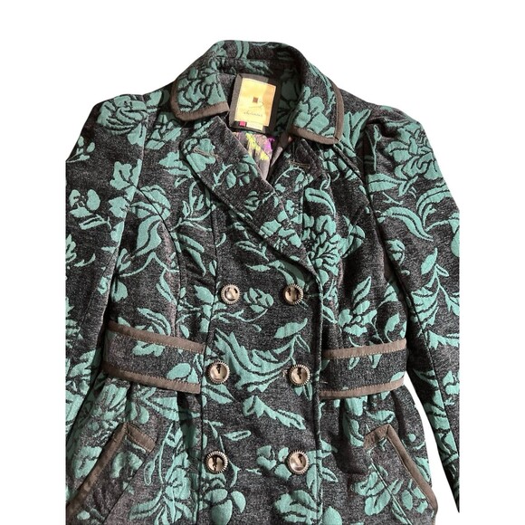 Elevenses Teal Emerald Isle Brocade Ruffled Victorian Puff Sleeve Coat Sz 2 - Picture 6 of 16